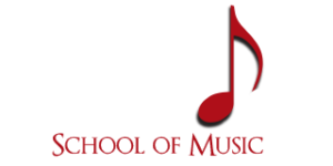 Logo for Oviedo School of Music featuring a large red musical note that forms part of the word Oviedo, with School of Music written below in red capital letters.