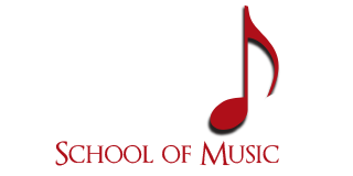 Logo for Oviedo School of Music featuring a large red musical note that forms part of the word Oviedo, with School of Music written below in red capital letters.