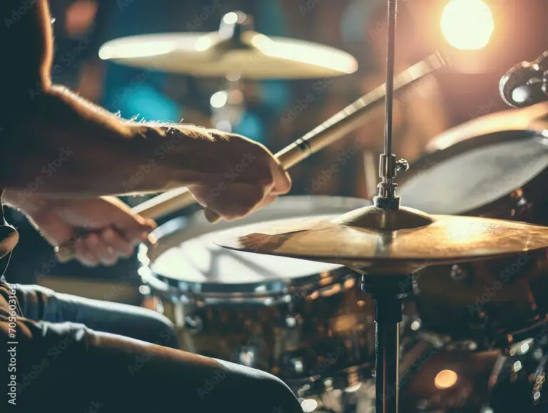 Close-up of a drummer playing with sticks in motion, vibrant live music scene.