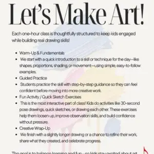 Flyer for children’s art classes at Westchase Music School, titled “Let’s Make Art!” Details include class description, activities (warm-up, guided practice, fun drawing), time (Fridays 6:30–7:30pm), and $25 per class.