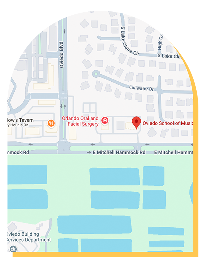 Map showing the location of Oviedo School of Music, a premier music school on E Mitchell Hammock Rd in Oviedo, Florida, near Oviedo Blvd and Orlando Oral and Facial Surgery. Both residential and commercial areas are visible nearby.